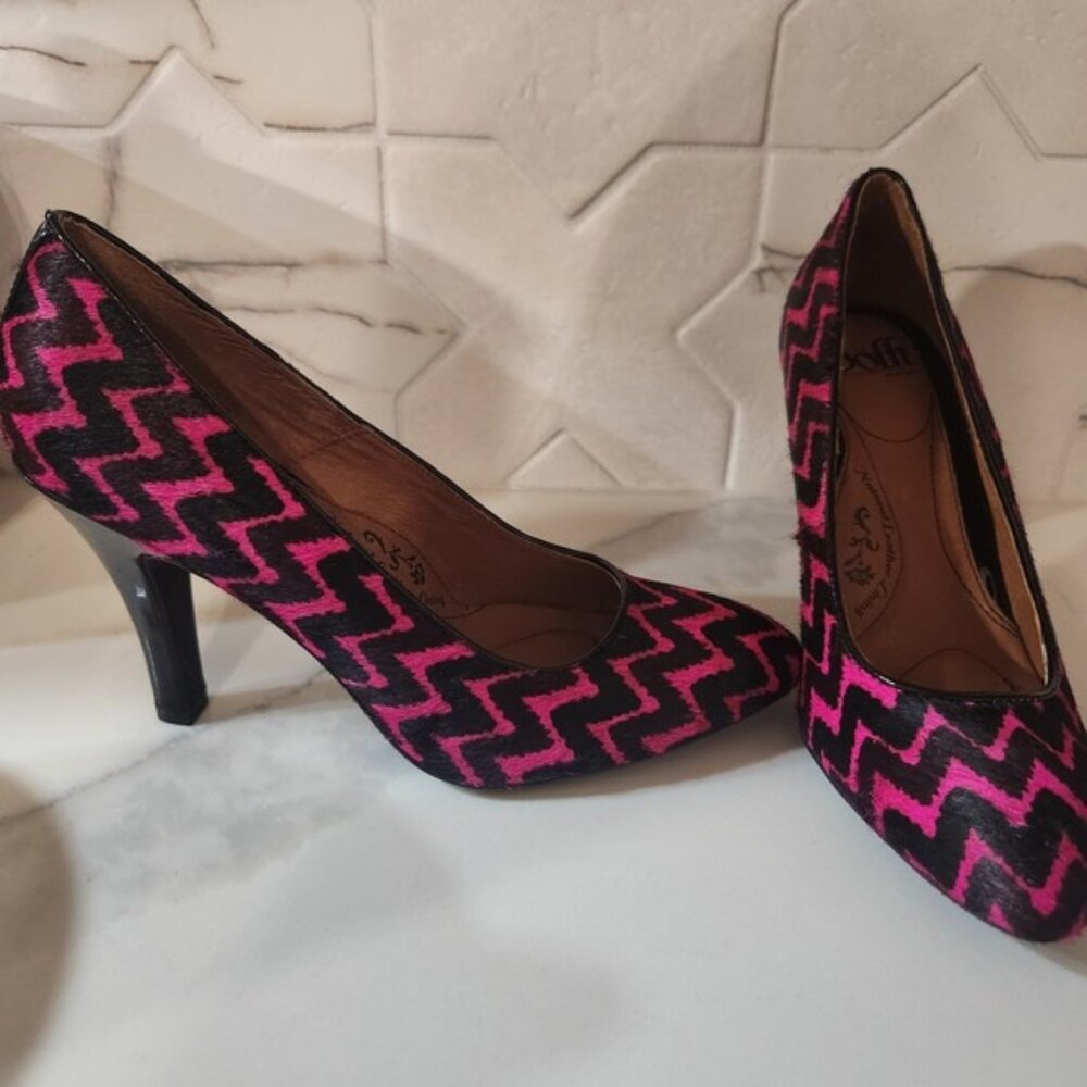 Sofft‎ Pink Black Chevron Calf Hair Pointed Toe Pumps Stiletto Heels
